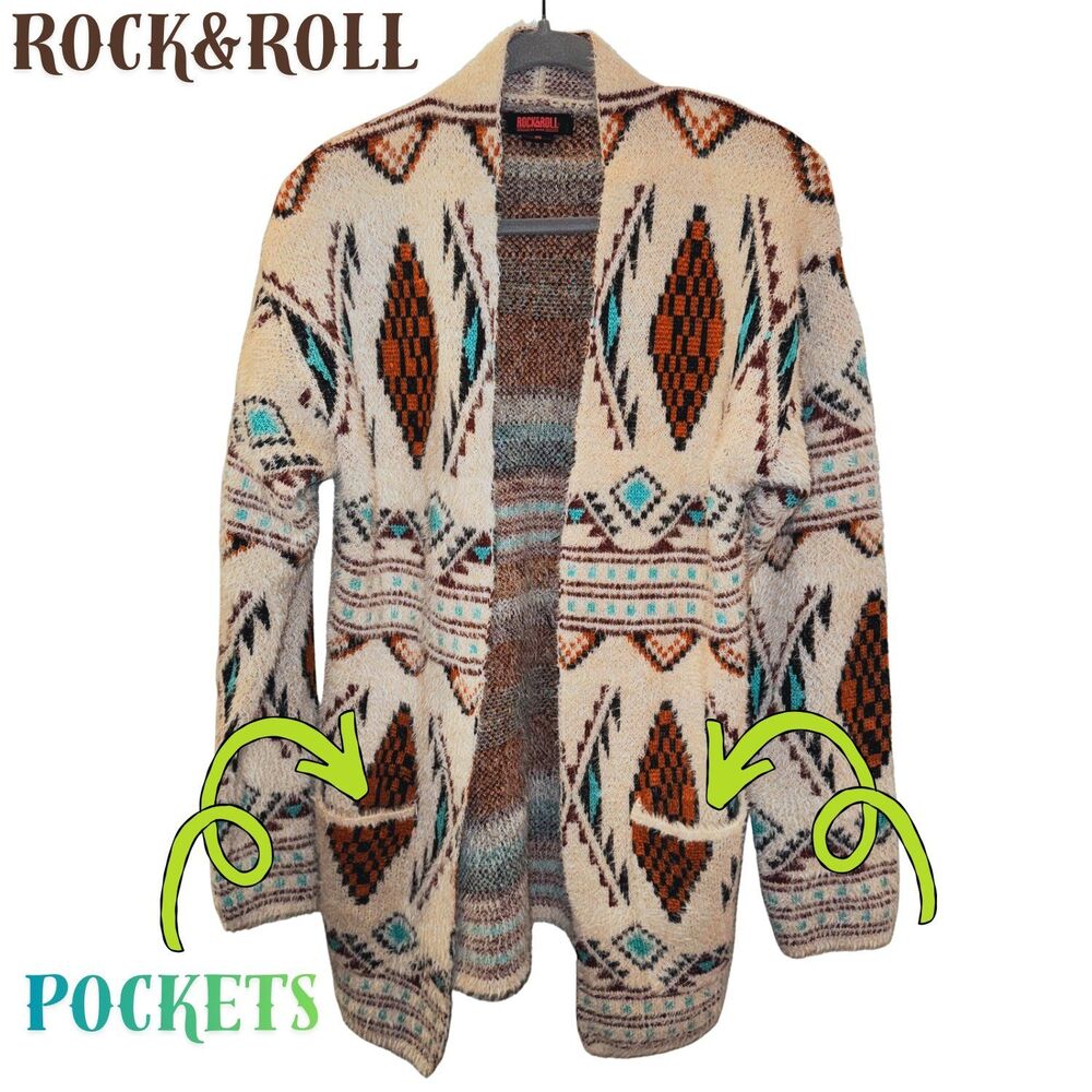 Rock&Roll Aztec Print Open Front Cardigan Boho Southwestern Fuzzy Sweater